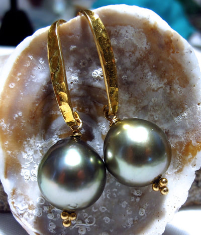 bold, big natural large dark grey cultured pearls with hammered gold earwires