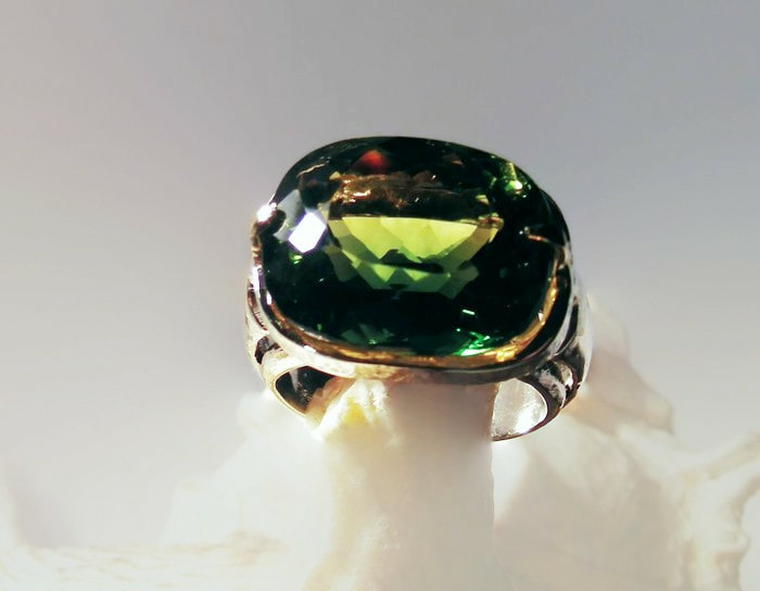 Large Silver & 18ct gold ring set with large green natural Ametrine 