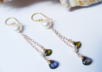 coin pearl & natural iolite & tourmaline facetted droplets, on gold chain