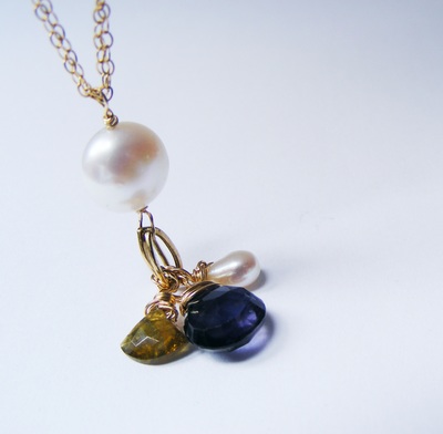 Natural pearl & gold pendant, with natural citrine & tourmaline facetted droplets.