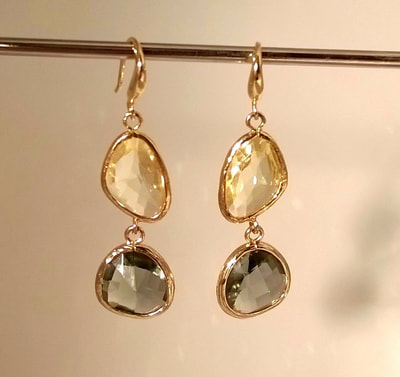 Golden citrine & dark citrine Gold framed long drop earrings