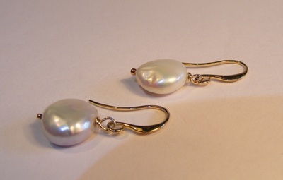 large natural coin pearl & 9ct gold earrings