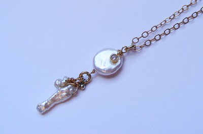 Natural baroque pearls 'wishes' pendant with keshi pearl droplets, white sapphire, and solid gold chain.