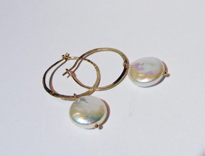 Hammered 9ct gold, Shaped Hoop earrings with natural pearl droplets