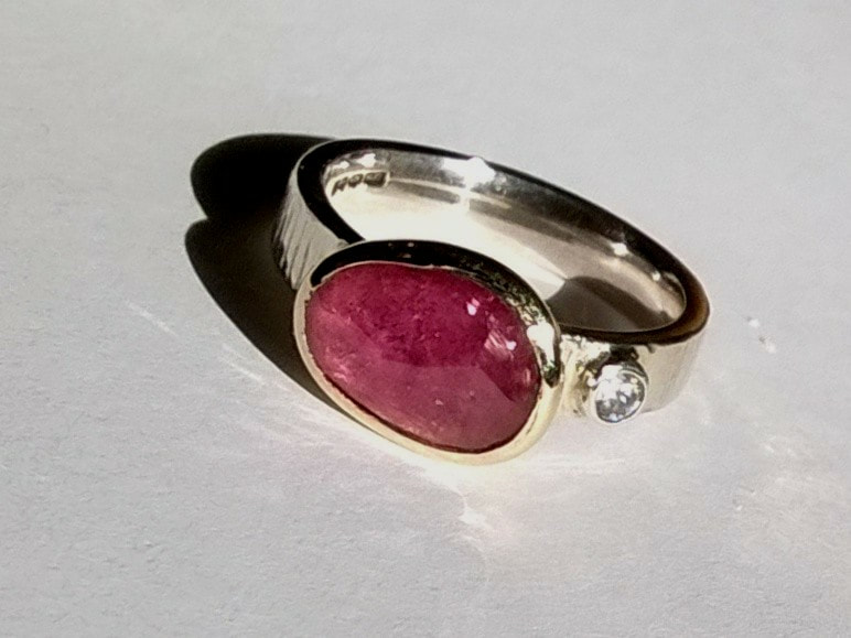 pink sapphire & diamond silver gold ring