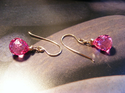 bold fushia pink briolette natural quartz drop earings